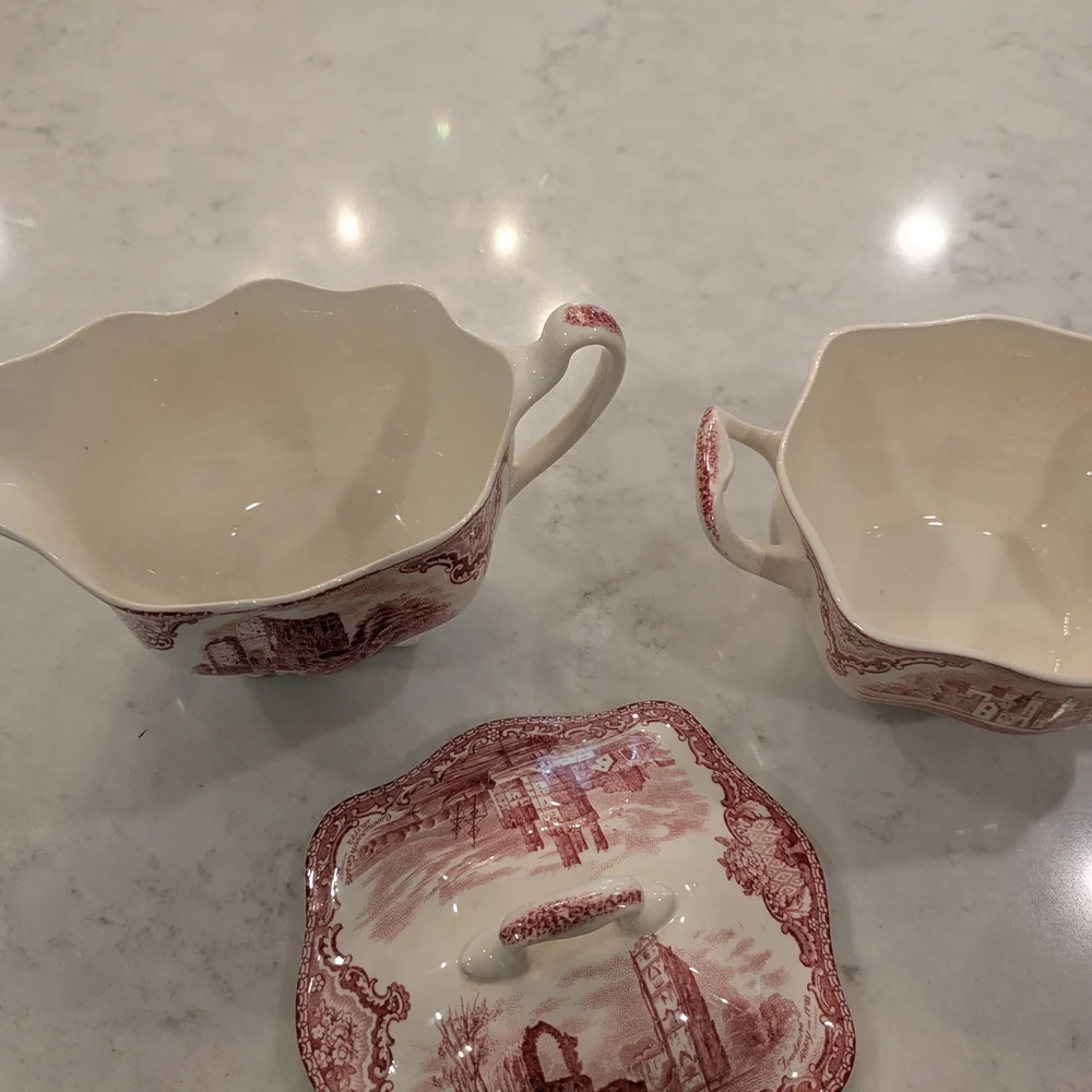 Vintage Johnson Bros England Porcelain Pink and White Sugar and Creamer Set